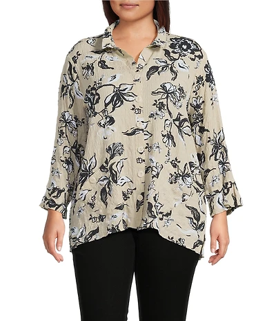 Ali Miles Plus Size Pucker Woven Printed Wire Collar 3/4 Sleeves Button Front Shirt