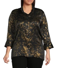 Ali Miles Plus Size Shimmer Woven Allover Multi Print Wire Collar 3/4 Bell Sleeve Button-Front Tunic