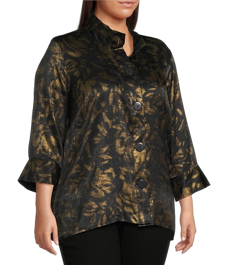 Ali Miles Plus Size Shimmer Woven Allover Multi Print Wire Collar 3/4 Bell Sleeve Button-Front Tunic