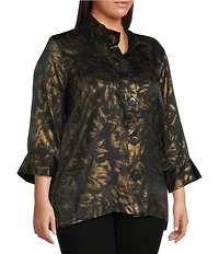 Ali Miles Plus Size Shimmer Woven Allover Multi Print Wire Collar 3/4 Bell Sleeve Button-Front Tunic