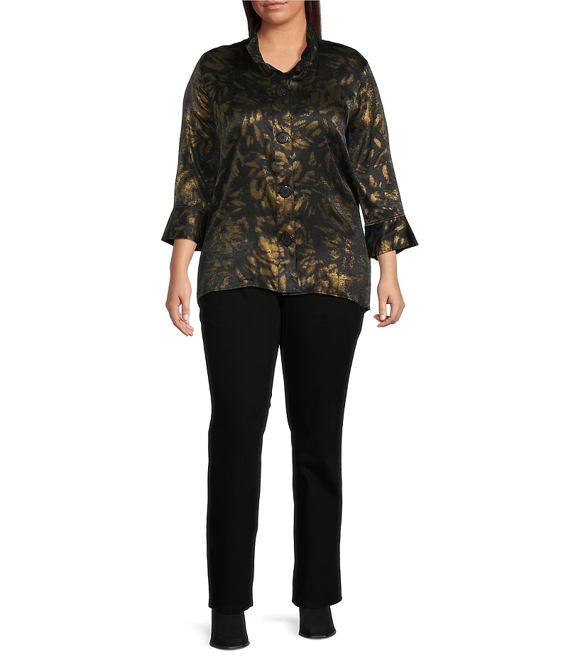 Ali Miles Plus Size Shimmer Woven Allover Multi Print Wire Collar 3/4 Bell Sleeve Button-Front Tunic