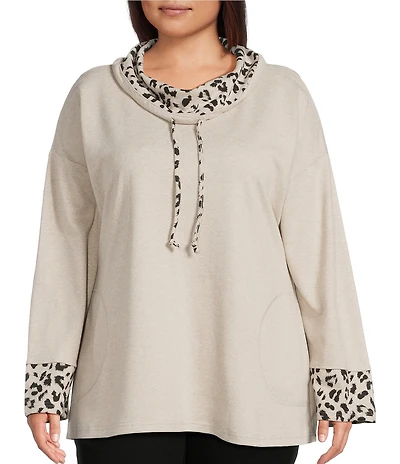 Ali Miles Plus Size Solid Animal Print Cowl Neck 3/4 Sleeve Popover Tunic
