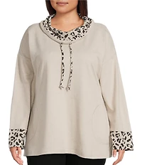 Ali Miles Plus Size Solid Animal Print Cowl Neck 3/4 Sleeve Popover Tunic