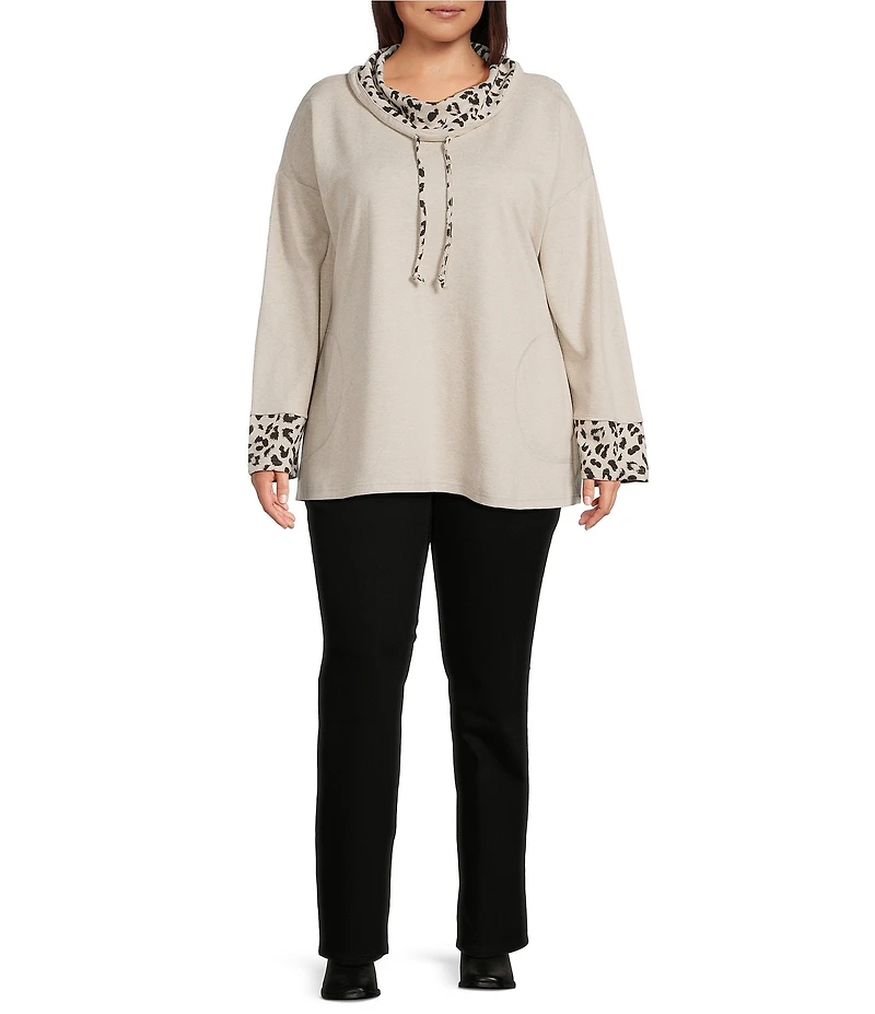 Ali Miles Plus Size Solid Animal Print Cowl Neck 3/4 Sleeve Popover Tunic