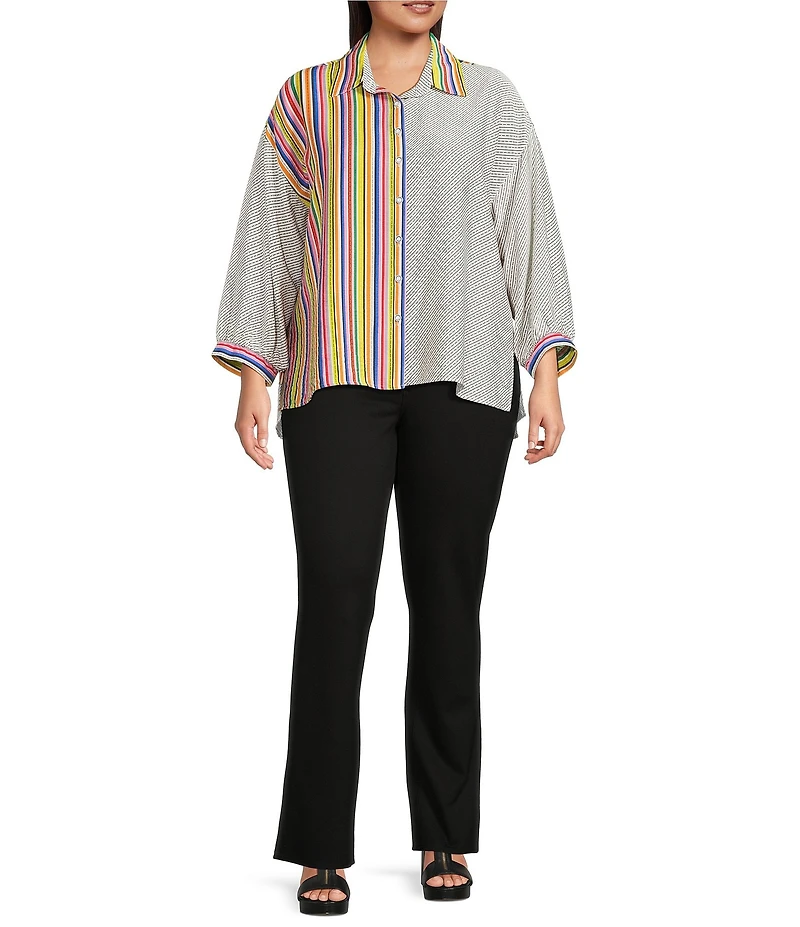 Ali Miles Plus Size Solid Multi Stripe Point Collar 3/4 Cuffed Sleeve High-Low Hem Button-Front Shirt