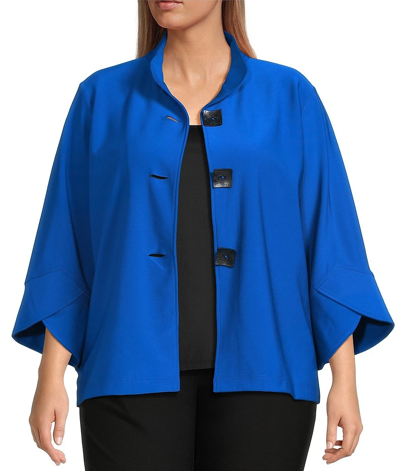 Ali Miles Plus Size Stand Collar 3/4 Sleeve Hi-Low Hem Button-Front Jacket