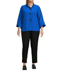 Ali Miles Plus Size Stand Collar 3/4 Sleeve Hi-Low Hem Button-Front Jacket
