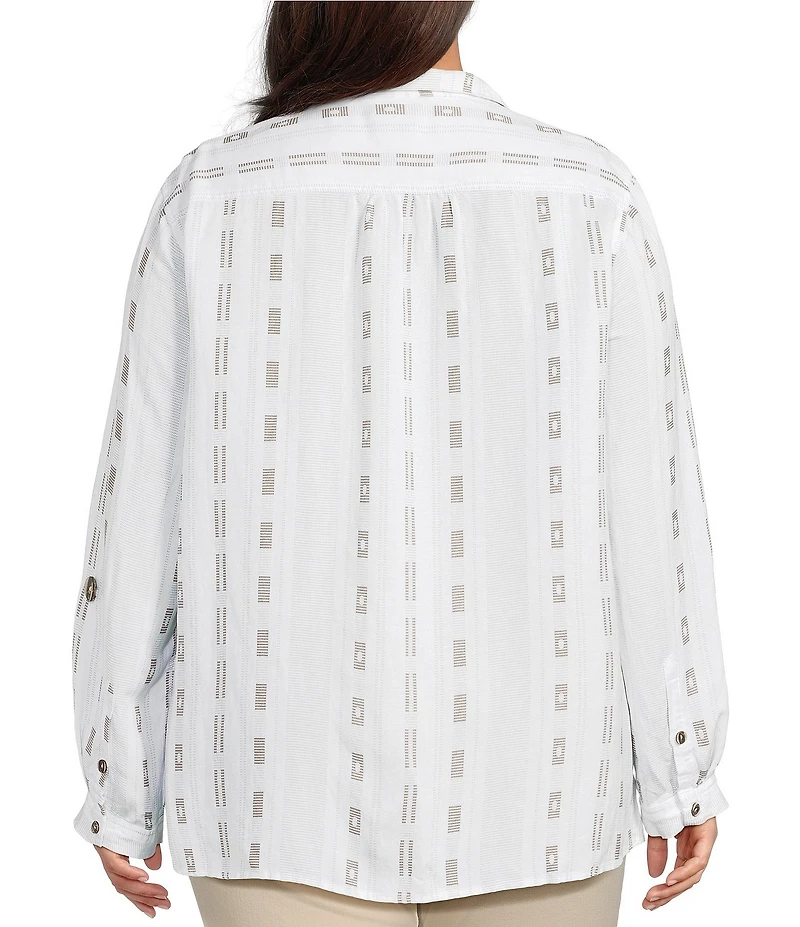 Ali Miles Plus Size Stripe Geometric Wire Collar 3/4 Roll-Tab Sleeve Tunic