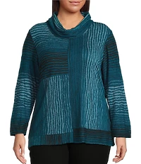 Ali Miles Plus Size Textured Jacquard Knit Stripe Cowl Neck 3/4 Sleeve Tunic