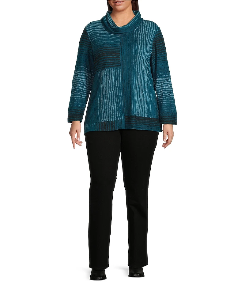 Ali Miles Plus Size Textured Jacquard Knit Stripe Cowl Neck 3/4 Sleeve Tunic