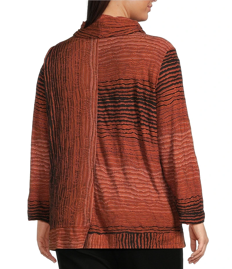 Ali Miles Plus Size Textured Jacquard Knit Stripe Cowl Neck 3/4 Sleeve Tunic