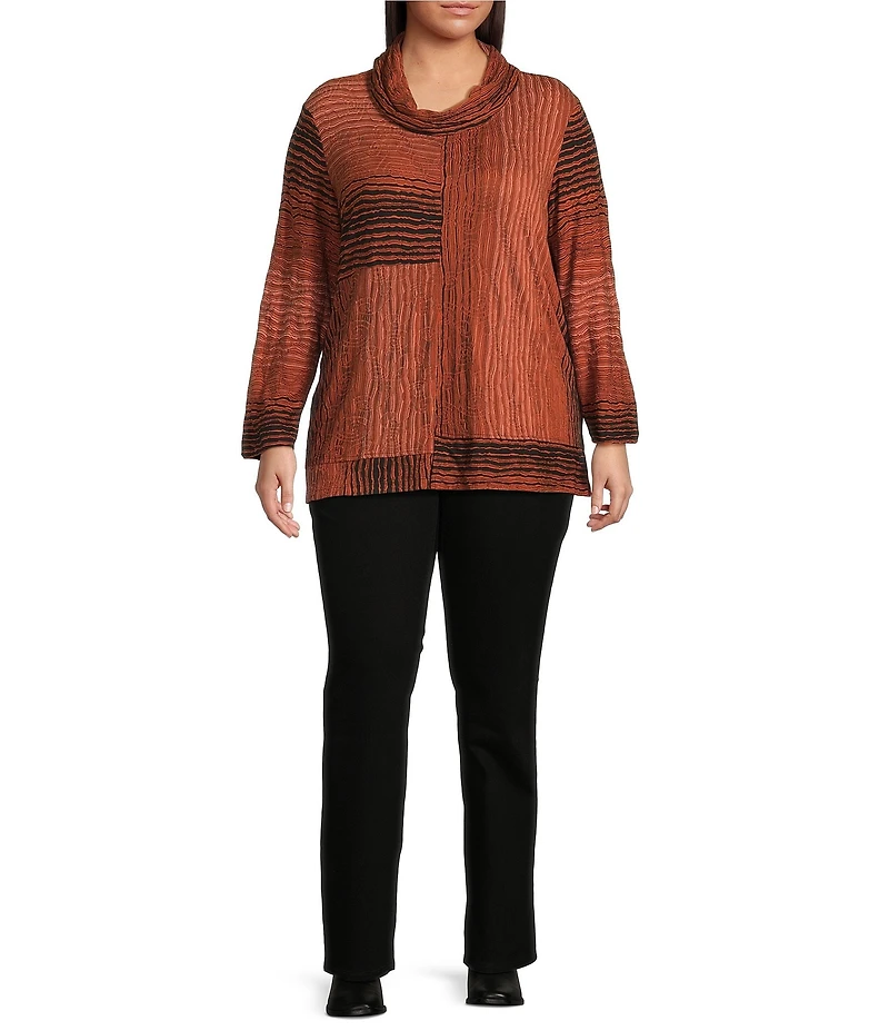 Ali Miles Plus Size Textured Jacquard Knit Stripe Cowl Neck 3/4 Sleeve Tunic