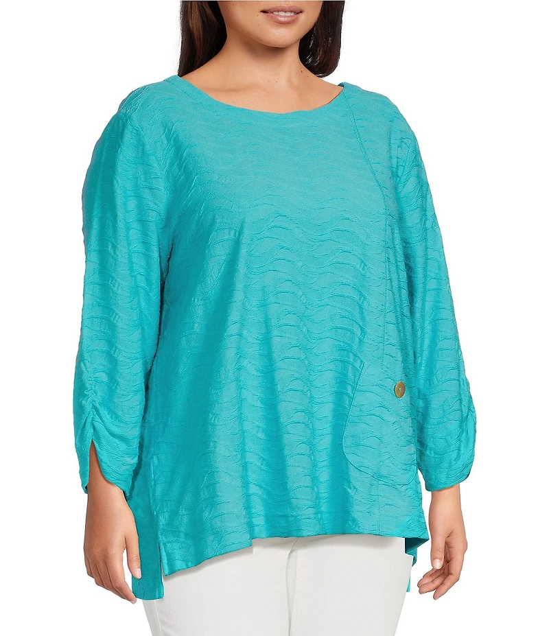 Ali Miles Plus Size Textured Knit Round Neck 3/4 Sleeve Hi-Low Hem Top