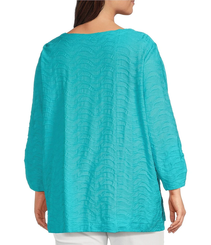 Ali Miles Plus Size Textured Knit Round Neck 3/4 Sleeve Hi-Low Hem Top