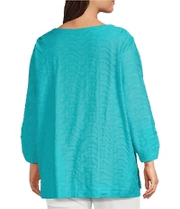 Ali Miles Plus Size Textured Knit Round Neck 3/4 Sleeve Hi-Low Hem Top