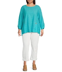Ali Miles Plus Size Textured Knit Round Neck 3/4 Sleeve Hi-Low Hem Top
