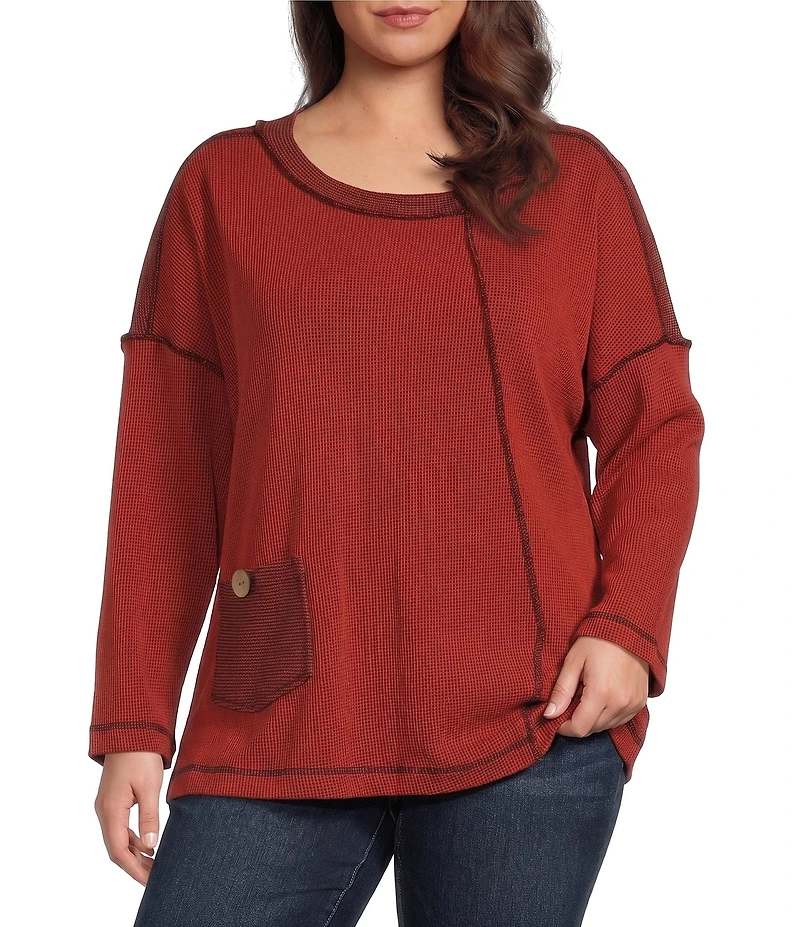 Ali Miles Plus Size Textured Knit Round Neck Long Sleeve Button Detail Pullover Top