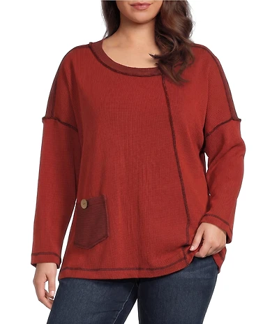 Ali Miles Plus Size Textured Knit Round Neck Long Sleeve Button Detail Pullover Top