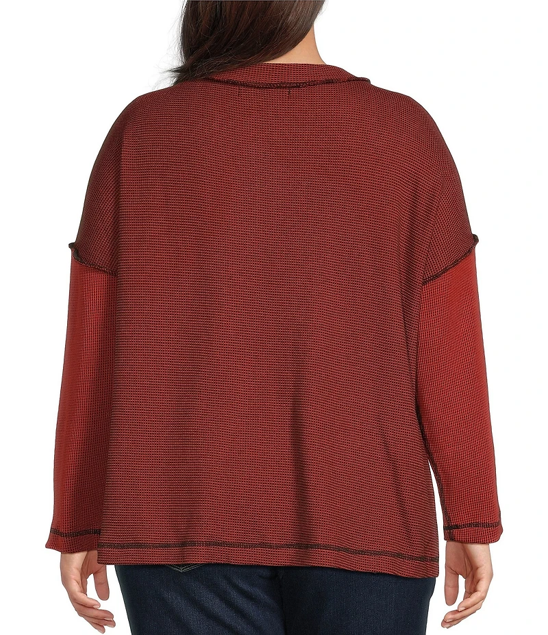 Ali Miles Plus Size Textured Knit Round Neck Long Sleeve Button Detail Pullover Top