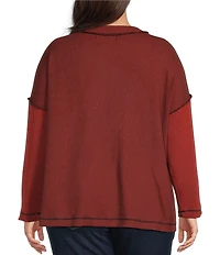Ali Miles Plus Size Textured Knit Round Neck Long Sleeve Button Detail Pullover Top