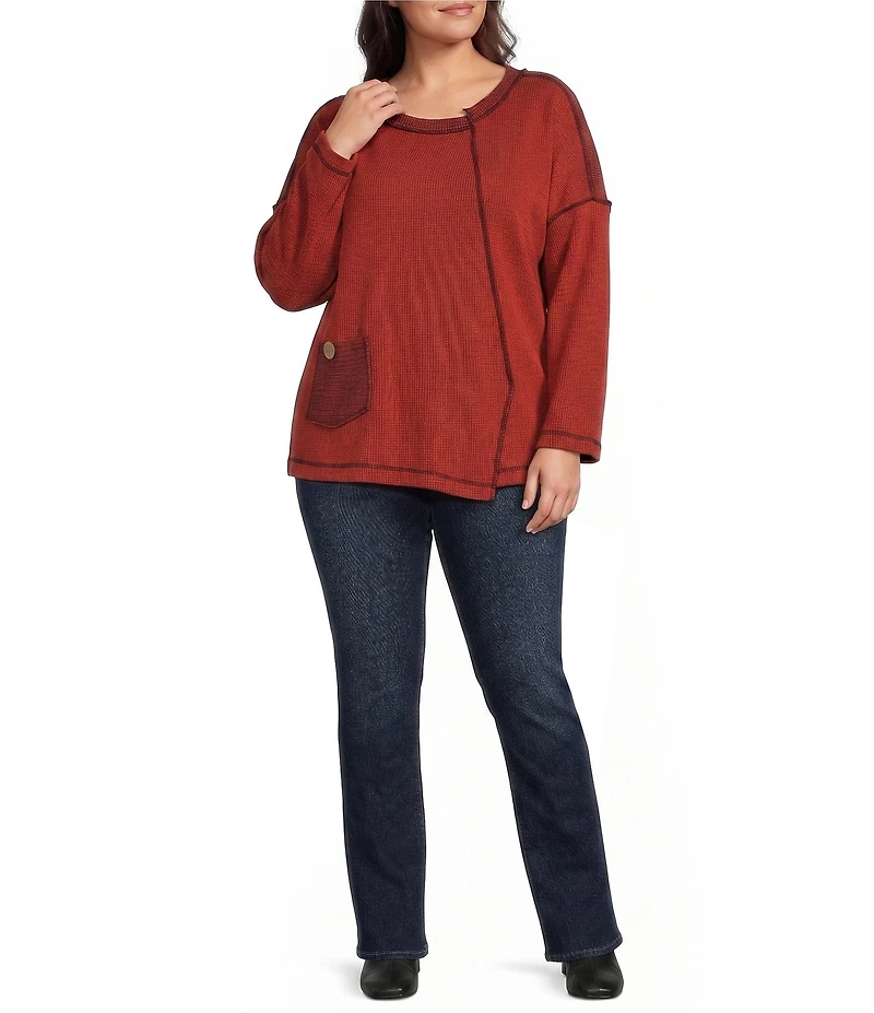 Ali Miles Plus Size Textured Knit Round Neck Long Sleeve Button Detail Pullover Top