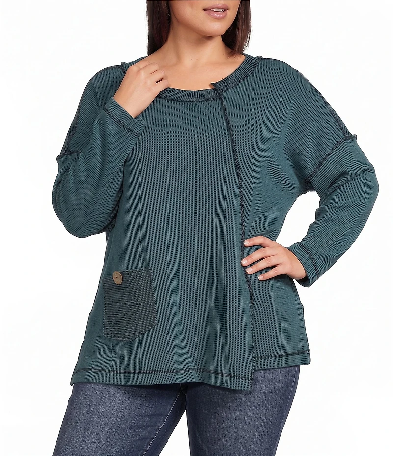 Ali Miles Plus Size Textured Knit Round Neck Long Sleeve Button Detail Pullover Top