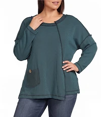 Ali Miles Plus Size Textured Knit Round Neck Long Sleeve Button Detail Pullover Top