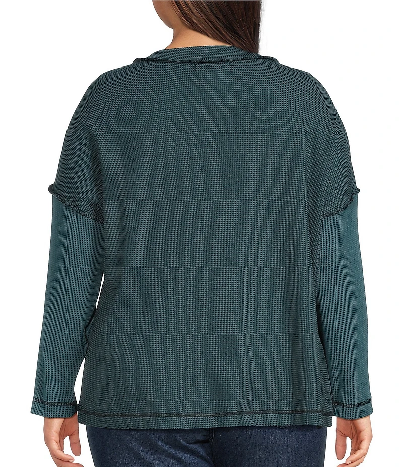 Ali Miles Plus Size Textured Knit Round Neck Long Sleeve Button Detail Pullover Top