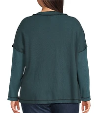 Ali Miles Plus Size Textured Knit Round Neck Long Sleeve Button Detail Pullover Top