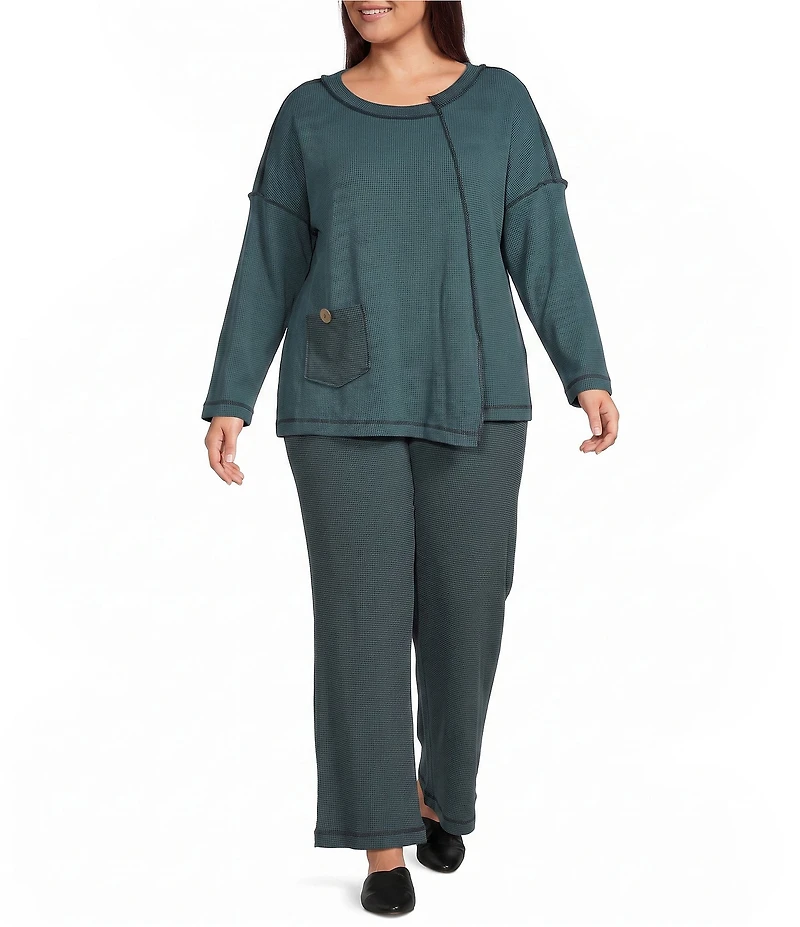 Ali Miles Plus Size Textured Knit Wide Leg Elastic Waistband Pull-On Pants