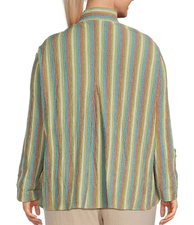 Ali Miles Plus Size Textured Knit Yarn-Dye Stripe Point Collar 3/4 Roll Tab Sleeve Button Front Shirt