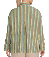 Ali Miles Plus Size Textured Knit Yarn-Dye Stripe Point Collar 3/4 Roll Tab Sleeve Button Front Shirt