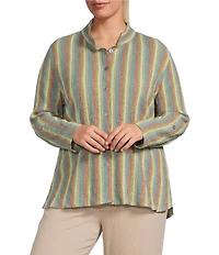 Ali Miles Plus Size Textured Knit Yarn-Dye Stripe Point Collar 3/4 Roll Tab Sleeve Button Front Shirt