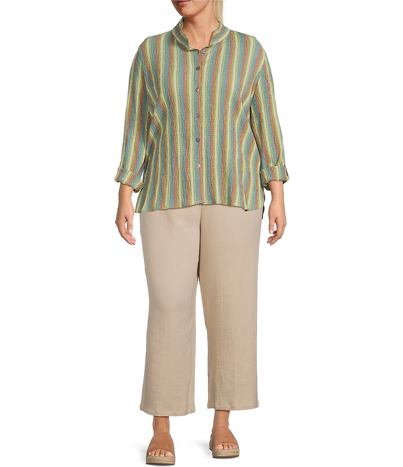 Ali Miles Plus Size Textured Knit Yarn-Dye Stripe Point Collar 3/4 Roll Tab Sleeve Button Front Shirt