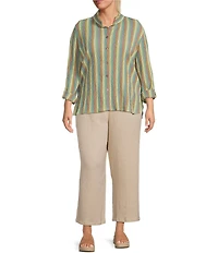 Ali Miles Plus Size Textured Knit Yarn-Dye Stripe Point Collar 3/4 Roll Tab Sleeve Button Front Shirt