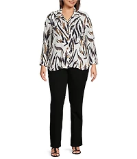 Ali Miles Plus Size Textured Knit Zebra Print Point Collar 3/4 Sleeve Hi-Low Hem Button Front Tunic