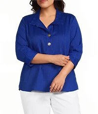 Ali Miles Plus Size Textured Stripe Woven Wire Collar 3/4 Sleeve Button Front Placket Shirt