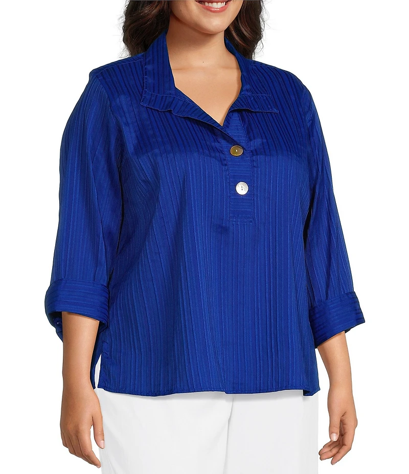 Ali Miles Plus Size Textured Stripe Woven Wire Collar 3/4 Sleeve Button Front Placket Shirt