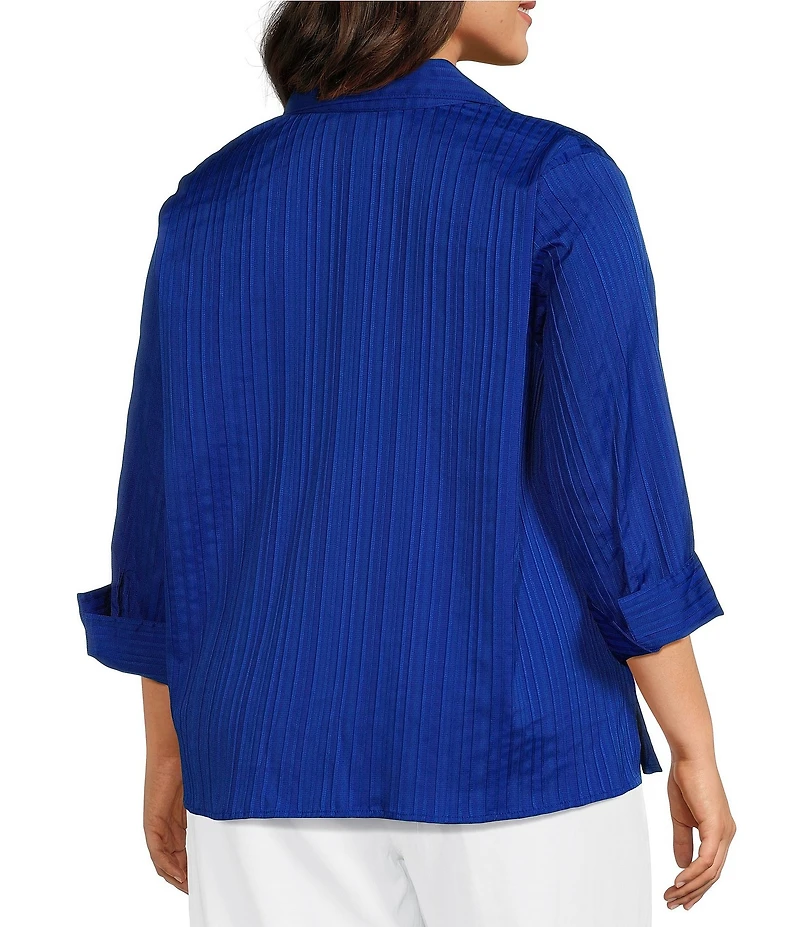 Ali Miles Plus Size Textured Stripe Woven Wire Collar 3/4 Sleeve Button Front Placket Shirt