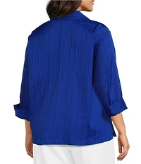 Ali Miles Plus Size Textured Stripe Woven Wire Collar 3/4 Sleeve Button Front Placket Shirt