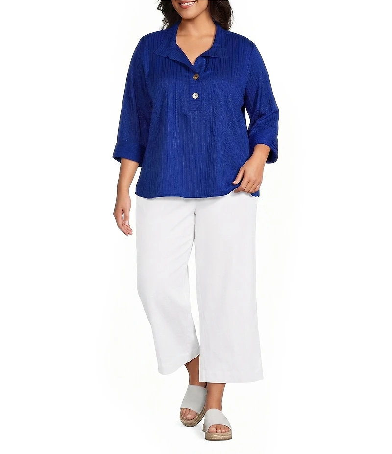 Ali Miles Plus Size Textured Stripe Woven Wire Collar 3/4 Sleeve Button Front Placket Shirt