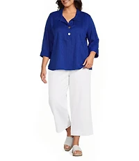 Ali Miles Plus Size Textured Stripe Woven Wire Collar 3/4 Sleeve Button Front Placket Shirt