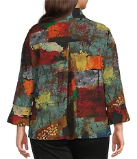 Ali Miles Plus Size Textured Woven Abstract Multi Print Wire Collar 3/4 Sleeve Button-Front Blouse