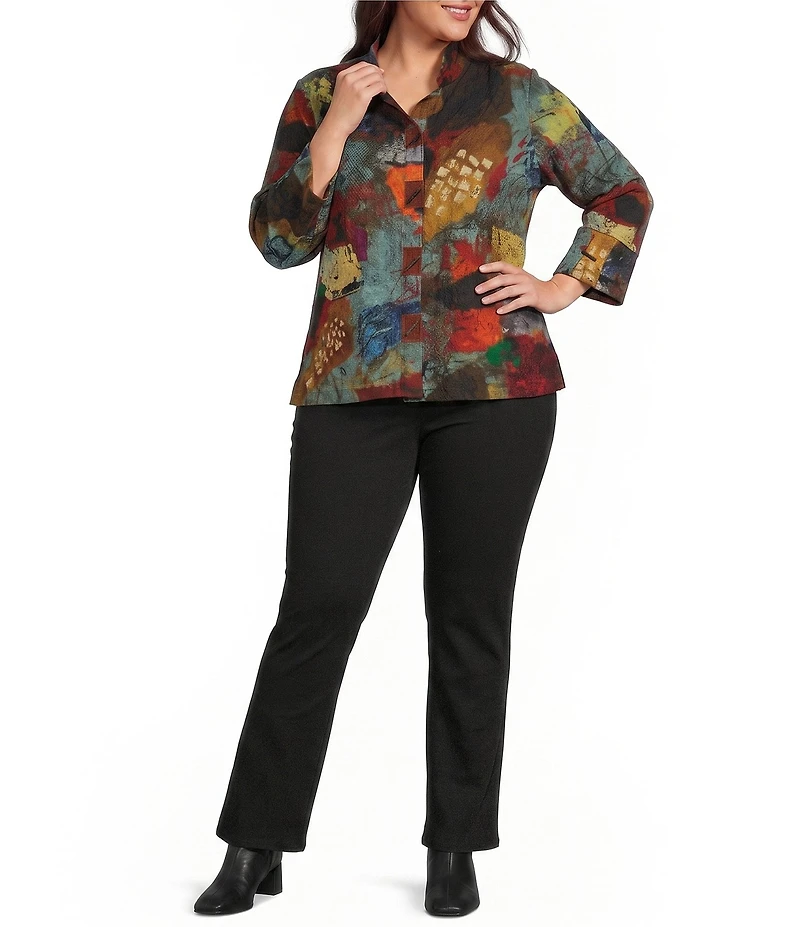 Ali Miles Plus Size Textured Woven Abstract Multi Print Wire Collar 3/4 Sleeve Button-Front Blouse
