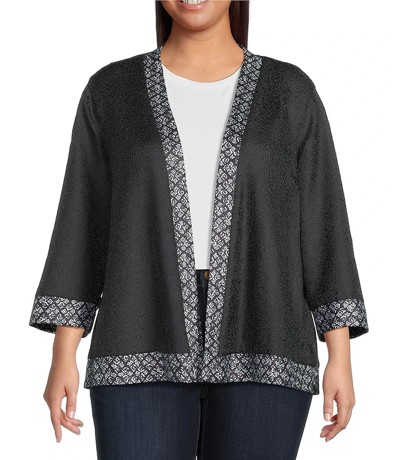 Ali Miles Plus Size Textured Woven Abstract Print 3/4 Sleeve Reversible Jacket
