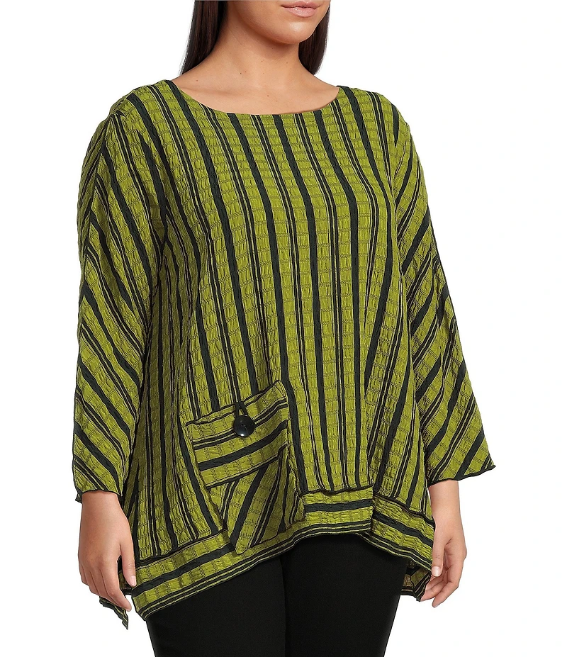 Ali Miles Plus Size Textured Yarn-Dye Woven Stripe Round Neck 3/4 Sleeve Tunic