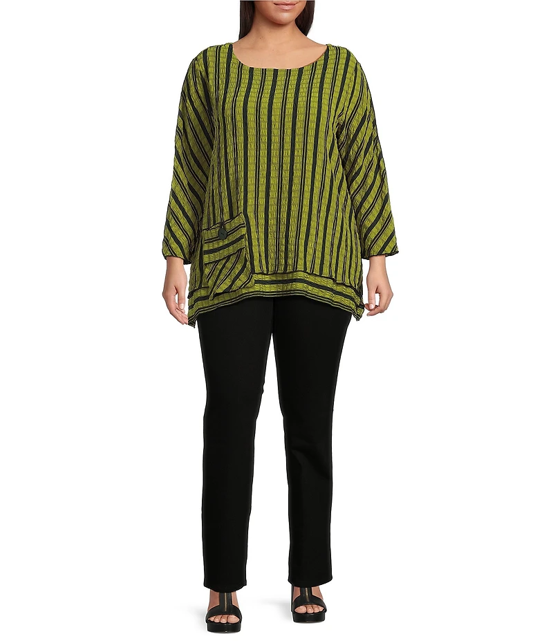 Ali Miles Plus Size Textured Yarn-Dye Woven Stripe Round Neck 3/4 Sleeve Tunic