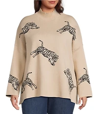 Ali Miles Plus Size Tiger Jacquard Print Mock Neck 3/4 Sleeve Popover Sweater