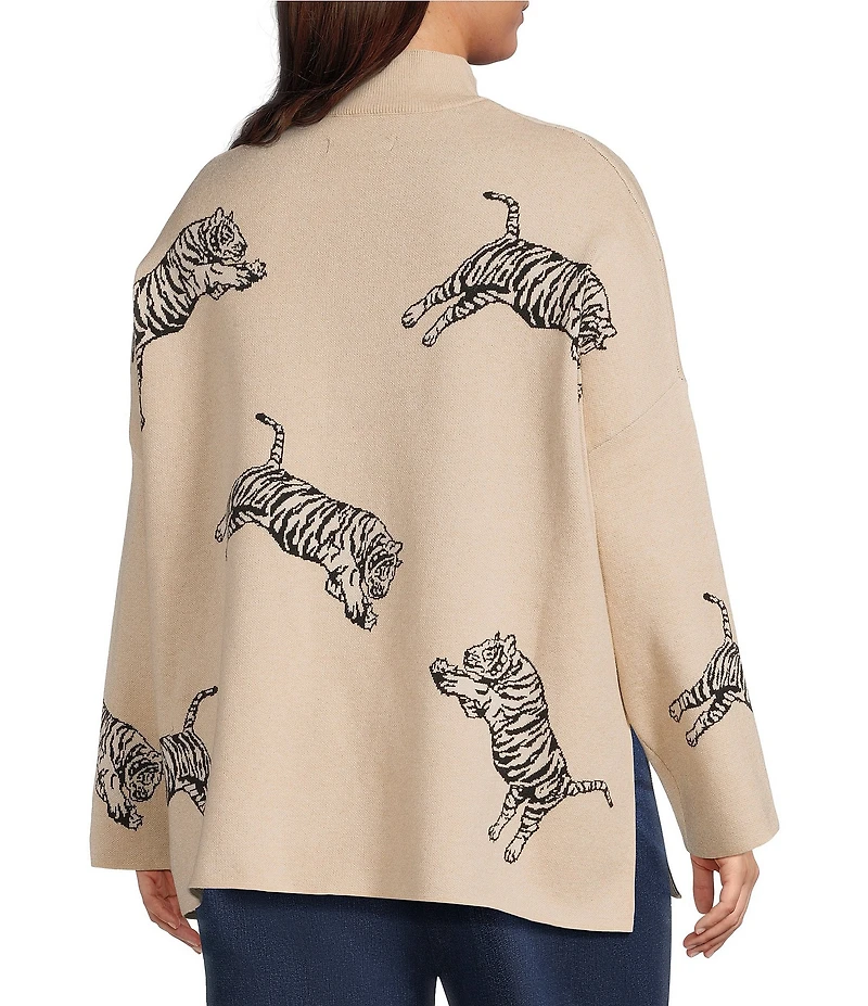 Ali Miles Plus Size Tiger Jacquard Print Mock Neck 3/4 Sleeve Popover Sweater