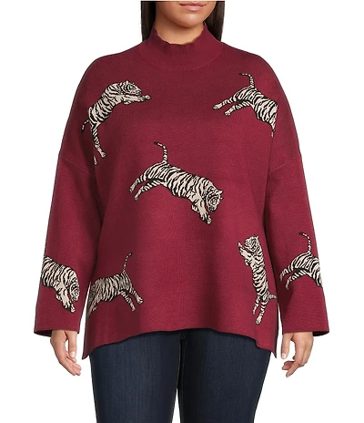 Ali Miles Plus Size Tiger Jacquard Print Mock Neck 3/4 Sleeve Popover Sweater